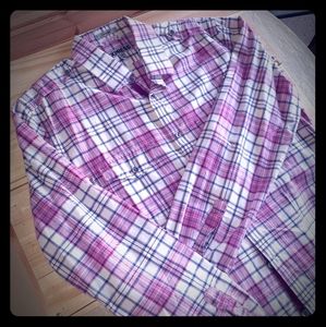 Express pink and teal plaid button up M